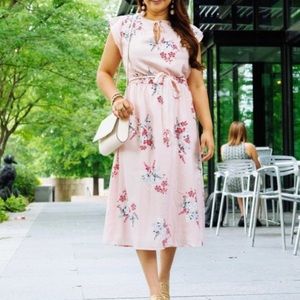 Loft new pink floral tie waist dress l